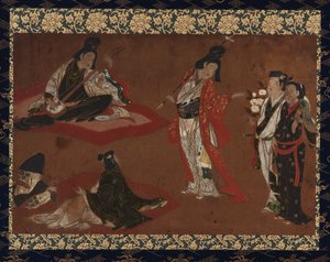 A Picnic Party, ripustettu käärö (paneeliin kiinnitetty), 1600-luvun alku (väri ja kulta paperille). tekijältä Japanese School