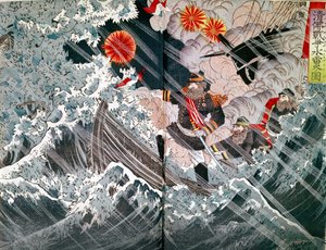 Amiraali Amedee Anatole Courbet (1827-85) Fou-Tcheoun vangitsemisessa vuonna 1884 Tonkinin sodan aikana 1883-1885 (värillinen puupainatus) tekijältä Japanese School