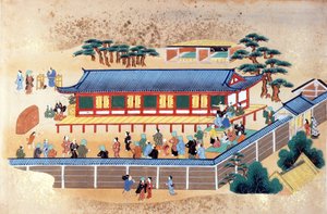 Jousiammuntakilpailu, kuvitus Engelbert Kaempferin japanilaisen ja kiinalaisen taiteen Kaempfer-kokoelmasta, n. 1672 (värilitho) tekijältä Japanese School
