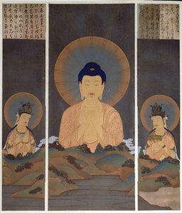 Buddhalaisen kolminaisuuden, Buddha Amitabhan ja hänen kahden bodhisattvansa, Kannonin (Myötätunto) ja Seishin (Viisaus) ilmestyminen vuorella, kuvitus Kokka-lehdestä, tammikuu 1909 (värilitro). tekijältä Japanese School