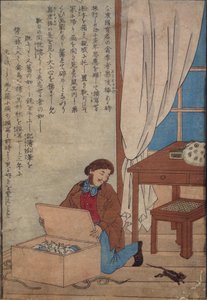 Audubon avaa Norjan rottien tuhoaman akvarellilaatikkonsa, n. 1872-77 tekijältä Japanese School