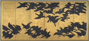 Crows, 1600-luvun alku (pari kuudesta paneelista; muste ja kulta päällä paperi) tekijältä Japanese School