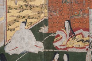 Yksityiskohta keväästä palatsissa, kuusinkertainen näyttö elokuvasta The Tale of Genji, n. 1650 (mustetta, värejä ja kultaa paperille) tekijältä Japanese School