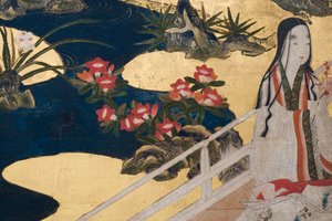 Yksityiskohta keväästä palatsissa, kuusinkertainen näyttö elokuvasta The Tale of Genji, n. 1650 (mustetta, värejä ja kultaa paperille) tekijältä Japanese School
