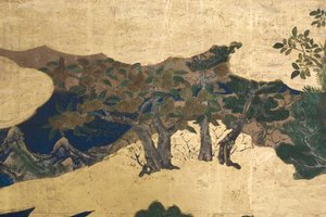 Yksityiskohta keväästä palatsissa, kuusinkertainen näyttö elokuvasta The Tale of Genji, n. 1650 (mustetta, värejä ja kultaa paperille) tekijältä Japanese School