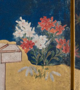Yksityiskohta keväästä palatsissa, kuusinkertainen näyttö elokuvasta The Tale of Genji, n. 1650 (mustetta, värejä ja kultaa paperille) tekijältä Japanese School