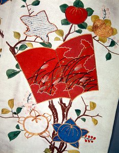 Yksityiskohta Uchikakesta tai muodollinen päällystakki (satiinidamasti) tekijältä Japanese School