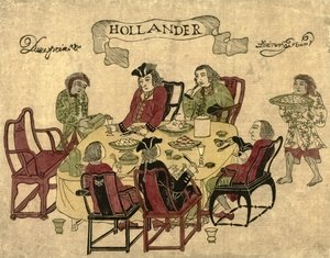 Jaavalaiset palvelijat tarjoilevat hollantilaisia VOC-työntekijöitä Deshimassa, 1790-1810 tekijältä Japanese School