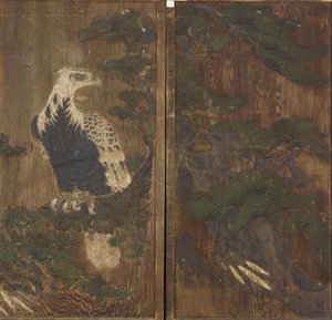 Kotka männyssä, Momoyama-kausi, mahdollisesti 1600-luku (muste ja väri puussa) tekijältä Japanese School