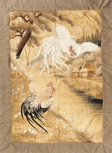 Brodeerattu roikkuu, työstetty silkillä kukon parin kanssa, joiden höyhenpeite on perässä, lennossa, toinen joen rannalla koiranputkeen keskellä, 1800-luvun loppu tekijältä Japanese School