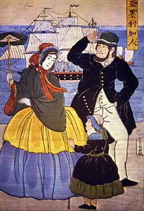 Japanilaisen taiteilijan vuonna 1861 maalaama eurooppalainen perhe Yokohaman sataman edustalla tekijältä Japanese School