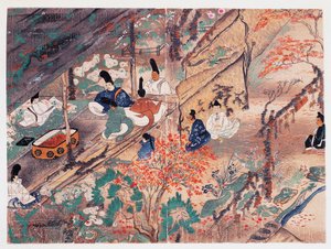 Heian valtiomies ja runoilija Sugawara Michizane (845-903), joka tunnetaan nimellä Tenjin-San (taivaallinen henki), maanpaossa Kitano Tenman-Gu -pyhäkössä Kiotossa jakamassa vaatteita, jotka oli lahjoittanut entinen keisari Fujiwara Nobuzane (1176-1268) Ka tekijältä Japanese School