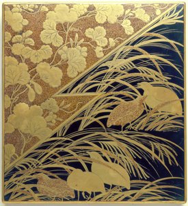 Tussikivikotelo, jossa pampasruohoa ja viiriäistä, Edo-kausi, n. 1630 (lakattu puu, jossa kultaa, tussikiveä ja hopeaa). tekijältä Japanese School