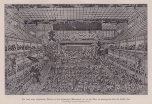Perinteisen japanilaisen Kabuki-teatterin sisustus, jossa Hanamichi juoksee yleisön läpi teatterin takaosasta lavalle (litho) tekijältä Japanese School