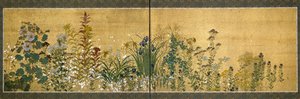 Japanilaista taidetta: kukilla koristellut näyttöpaneelit. Rimpan koulun tyyli (1596-1615). Maalaus silkille. Himmeä. 65x189 cm Yksityinen kokoelma tekijältä Japanese School
