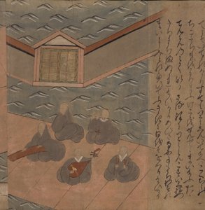 Japanilaiset muusikot, kuvitus "Taishokkanista" (muste ja väri paperille) tekijältä Japanese School