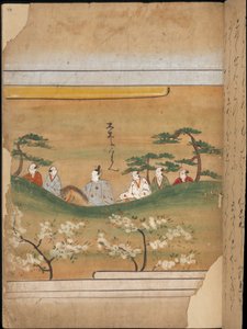 Japanilainen aatelisto ja seurue, kuvitus "Taishokkanista" (muste ja väri paperille) tekijältä Japanese School