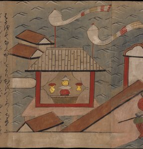 Japanilainen paviljonki, kuvitus "Taishokkanista" (muste ja väri paperille) tekijältä Japanese School