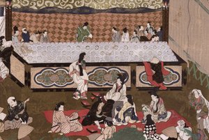 Kabuki-teatteri messuilla Kiotossa, kuvitus 17. maalauksen jälkeen Kokkasta, marraskuu 1924 (värilitho) tekijältä Japanese School