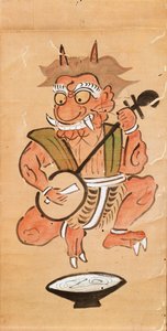 Kakemono, joka kuvaa paholaista pelaamassa shamisenia (mustetta ja väriä paperirullassa) tekijältä Japanese School