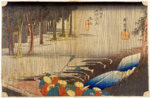 Maisema sateessa. Japanilainen printti. sd. 1800-luvulla. tekijältä Japanese School