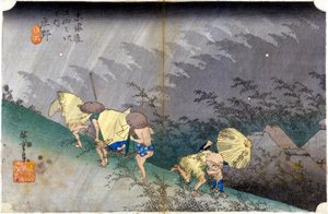 Maisema sateessa. Japanilainen printti. sd. 1800-luvulla. tekijältä Japanese School