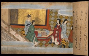 Miehet antavat lahjoja naisille, kuvitus "Taishokkanista" (muste ja väri paperille) tekijältä Japanese School