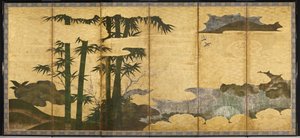 Moonlit Bamboo Grove, 1500-luvun alku (kuuden paneelin ruutupari; tussi, väri ja kulta).
paperille) tekijältä Japanese School