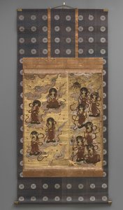 Seinämaalaus: Kahdenkymmenenviiden laskeutuminen bodhisattvat (Amitabha-triadin hoitajat), 1700-luvulla (riippuvat kääröt: muste, väri ja kulta lehti paperille, messinki) tekijältä Japanese School