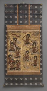 Seinämaalaus: Kahdenkymmenenviiden laskeutuminen bodhisattvat (Amitabha-triadin hoitajat), 1700-luvulla (riippuvat kääröt: muste, väri ja kulta lehti paperille, messinki) tekijältä Japanese School