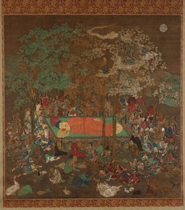 Buddhan nirvana, Kamakura-kausi (muste, väri, kulta ja hopea silkillä) tekijältä Japanese School