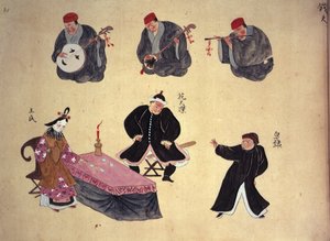 Or.961 fol.21 Muusikot ja esiintyjät, kokoelmasta "Musical Performances of Ryukyu", x.1800-50 (vellum) tekijältä Japanese School