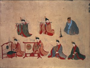 Or.961 fol.5 Seitsemän istuvaa muusikkoa, Ryukyun musiikkiesityksistä, n. 1800-1850 (kynä ja muste ja akvarelli paperille) tekijältä Japanese School