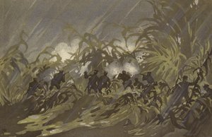Jalkaväesotilamme taistelevat hirssipellolla lähellä Liao-yangia (chromolitho) tekijältä Japanese School