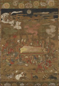 Parinirvana of Sakyamuni, historiallinen Buddha (muste, väri ja kulta silkillä) tekijältä Japanese School