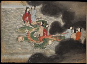 Ihmisiä ratsastamassa lohikäärmeellä, kuvitus "Taishokkanista" (muste ja väri paperille) tekijältä Japanese School