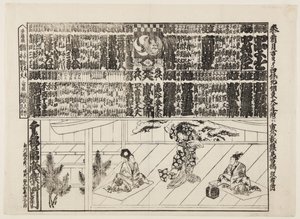 Playbill kauden avausohjelmaan (Kaomise banzuke) (värillinen puupainatus) tekijältä Japanese School
