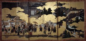 "Portugalilainen" näyttö: esitys portugalilaisten jesuiittalähetyssaarnaajien saapumisesta Japaniin 1500-luvulla. Kanon koulun toteuttama (?). 1593-1600. Lissabonin muinaisen taiteen museo tekijältä Japanese School