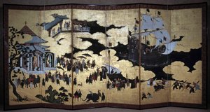 "Portugalilainen" näyttö edustaa portugalilaisten jesuiittalähetyssaarnaajien saapumista Japaniin 1500-luvulla. 1590-1614. Kanon koulu (?) Lissabon. Kansallinen muinaisen taiteen museo tekijältä Japanese School