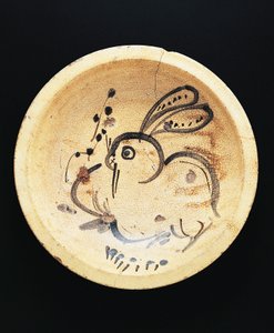 Nishin-zara-myyjien käyttämälle lautaselle maalattu kani (haudutettua silakkaa) tekijältä Japanese School