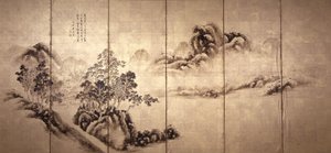 Recto: Maisema Mi Fein jälkeen, n. 1810 (muste kultalehdellä) tekijältä Japanese School
