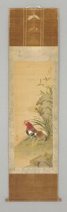 Rooster by a Rock, 18. päivän lopulla tai 19. päivän alussa vuosisadalla (Riippuva rulla: muste ja väri silkkiin, puuhun) tekijältä Japanese School