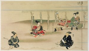 Samurai Takezaki toimittaa kahden mongolien tunkeilijan päät Adachi Morinumeen mongolien Japanin hyökkäyksen aikana vuonna 1274, kuva Kokka-lehdestä, toukokuu 1921 tekijältä Japanese School