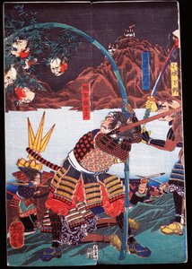 Samurait esittelevät vihollistensa leikattuja päitä bambukepeissä, sewamono (kotimainen leikki) tekijältä Japanese School