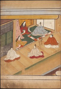 Istuvia japanilaisia aatelisia, kuvitus "Taishokkanista" (muste ja väri paperille) tekijältä Japanese School
