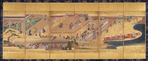 Kuusi taitettava näyttö, jossa Noh Play Funa-Benkei, n. 1660 (väri, gofun & muste ja kulta paperille) tekijältä Japanese School