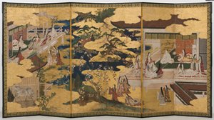 Spring in the Palace, kuusinkertainen näyttö elokuvasta The Tale of Genji, n. 1650 (mustetta, värejä ja kultaa paperille) tekijältä Japanese School