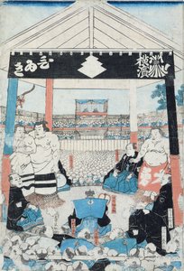 Sumopainijat aloittamassa ottelun (puupalikkaprintti) tekijältä Japanese School