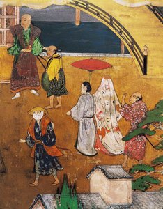 Portugalilaisten saapuminen Japaniin, yksityiskohta katunäkymästä, Namban Byobu -näytöstä, 1594-1618 tekijältä Japanese School