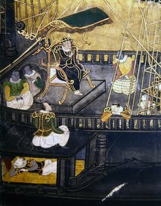 Portugalilaisten saapuminen Japaniin, yksityiskohta miehistä laivan keskiosassa, Namban Byobu -näytöstä, 1594-1618 tekijältä Japanese School